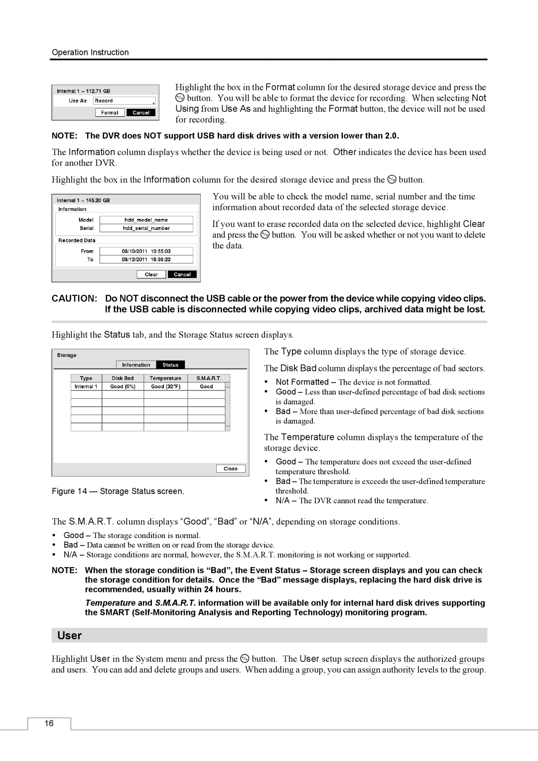 Speco Technologies CS16 manual User, Storage device 