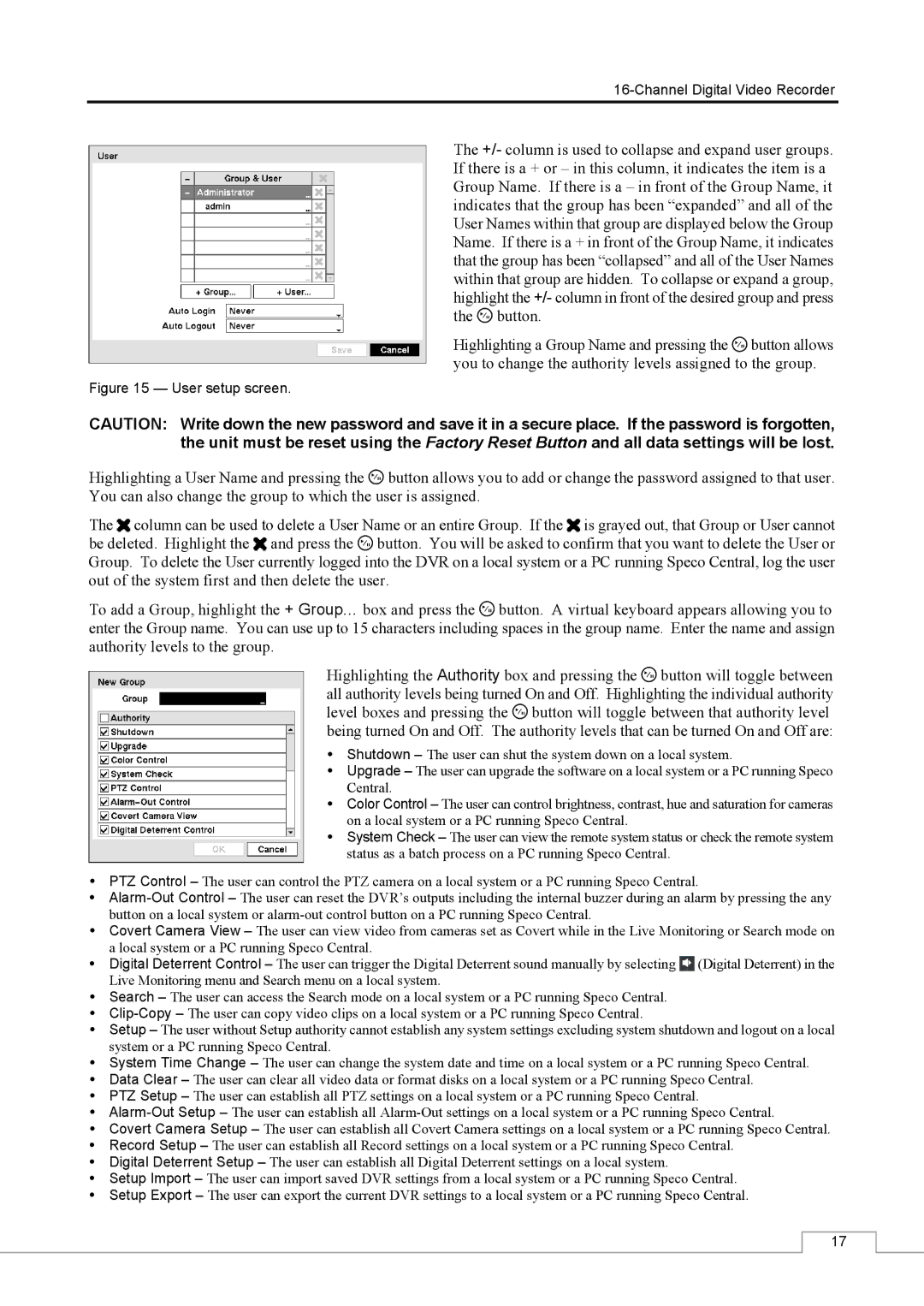 Speco Technologies CS16 manual User setup screen 