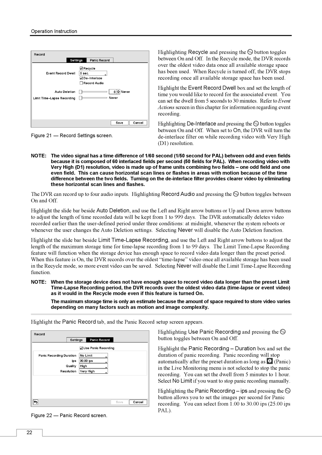 Speco Technologies CS16 manual Record Settings screen 