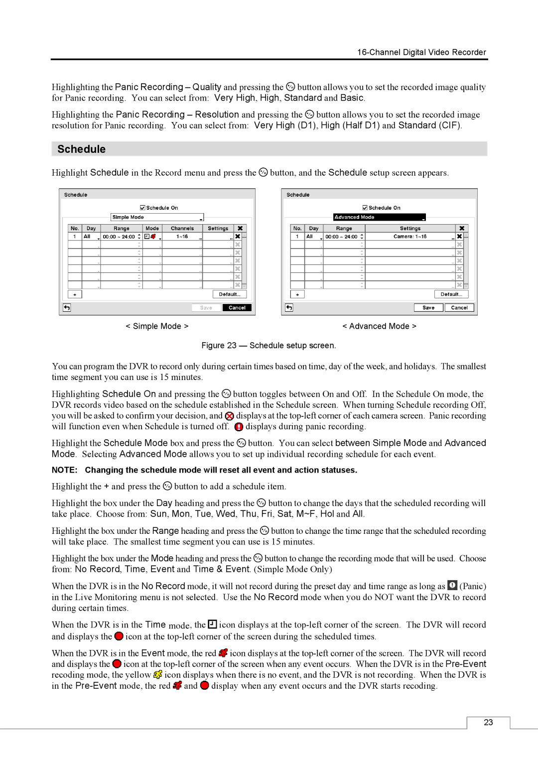 Speco Technologies CS16 manual Schedule setup screen 