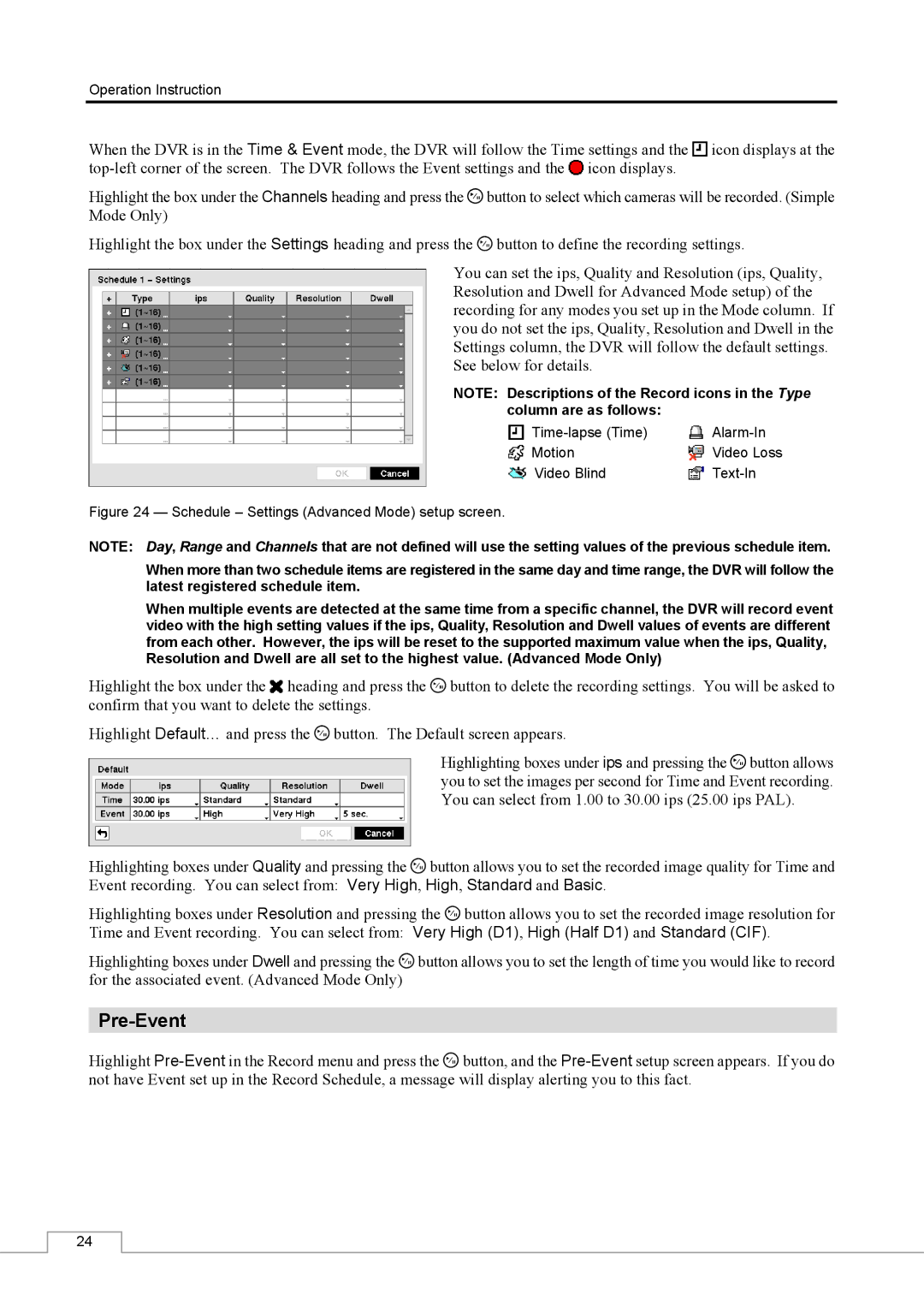 Speco Technologies CS16 manual Pre-Event, Schedule Settings Advanced Mode setup screen 