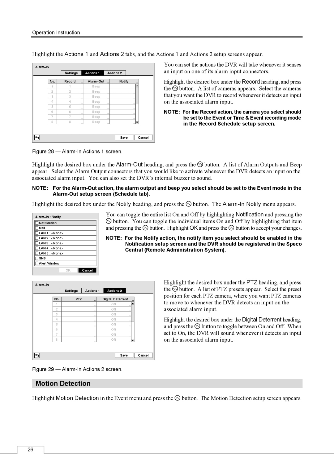 Speco Technologies CS16 manual Motion Detection, Alarm-In Actions 1 screen 