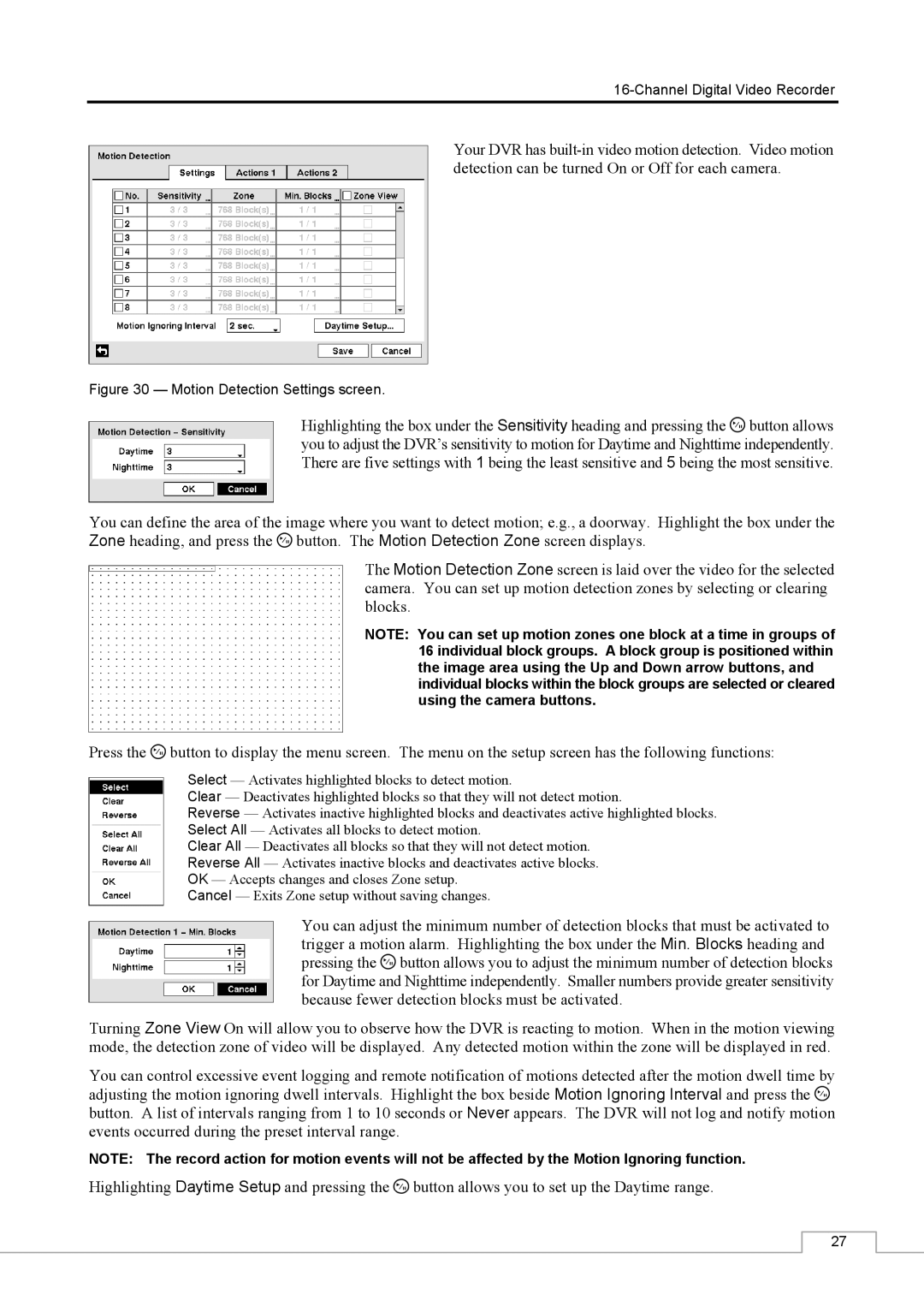 Speco Technologies CS16 manual Motion Detection Settings screen 