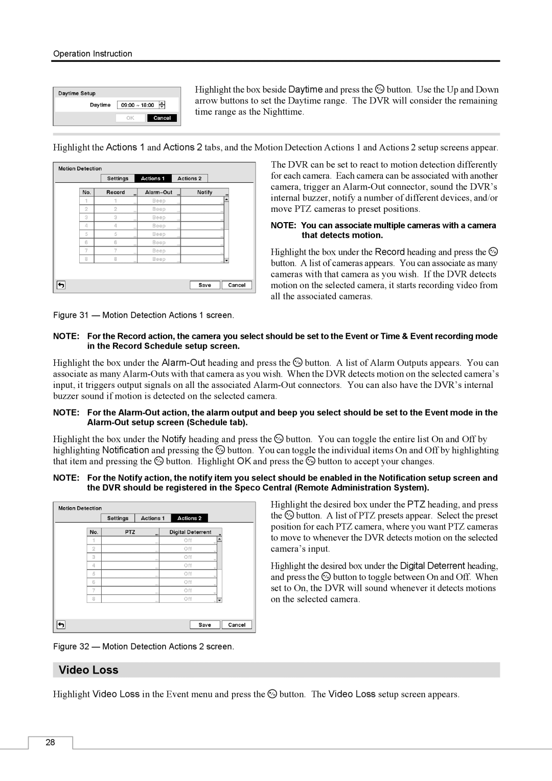 Speco Technologies CS16 manual Video Loss, Motion Detection Actions 1 screen 