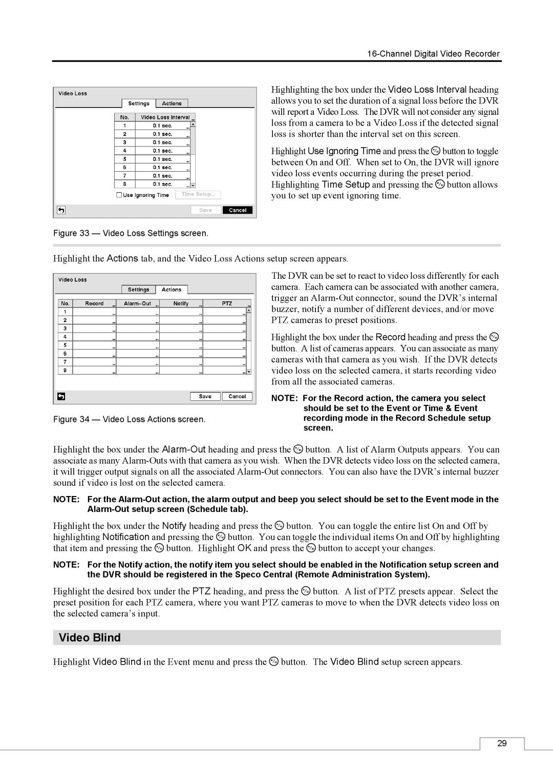 Speco Technologies CS16 manual Video Blind, Video Loss Settings screen 