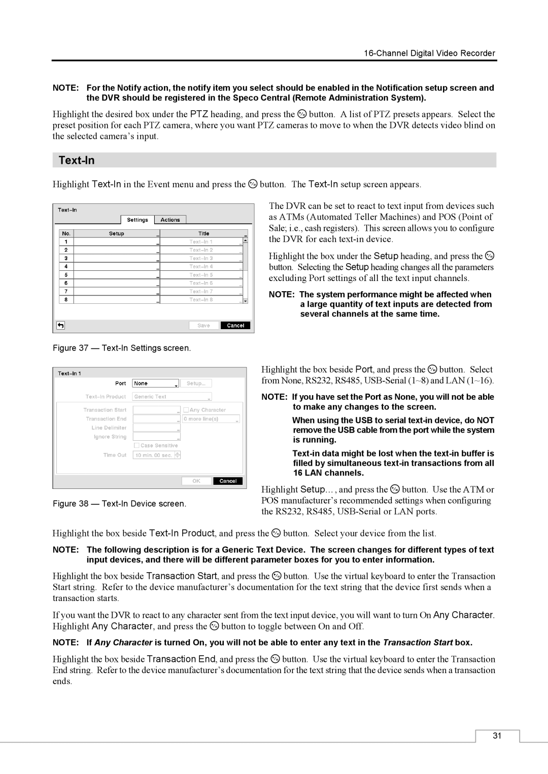 Speco Technologies CS16 manual Text-In Settings screen 