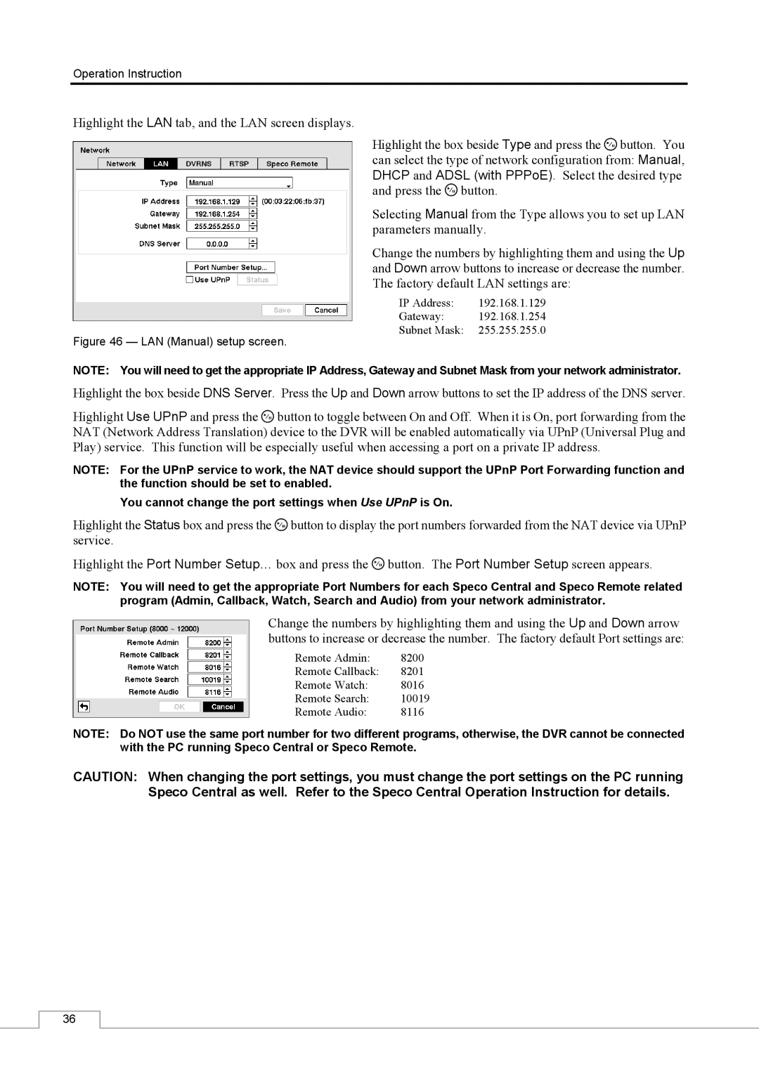 Speco Technologies CS16 manual Highlight the LAN tab, and the LAN screen displays 