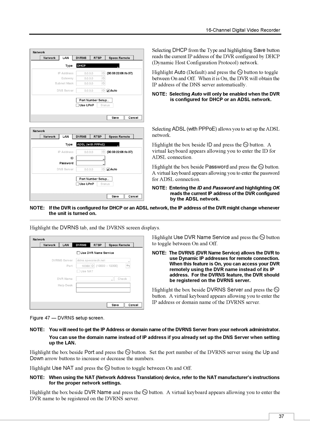 Speco Technologies CS16 manual Dvrns setup screen 