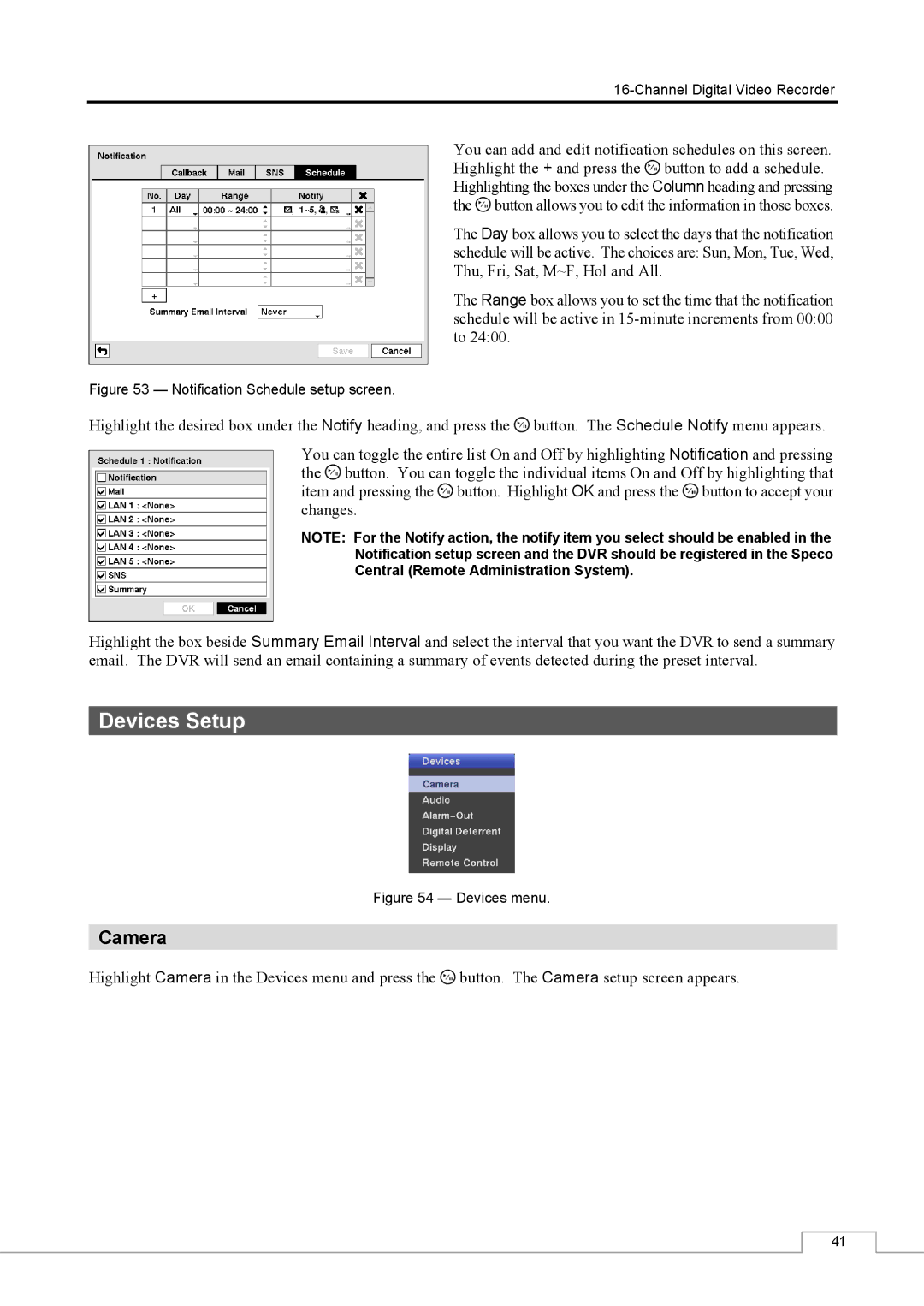 Speco Technologies CS16 manual Devices Setup, Camera 