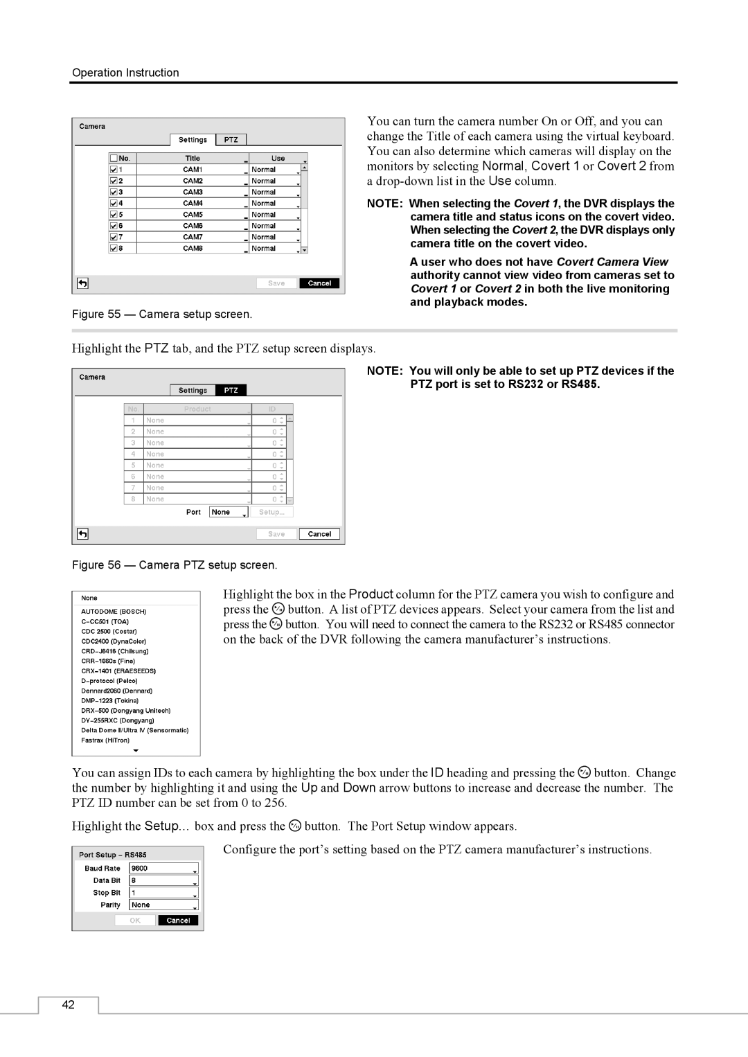 Speco Technologies CS16 manual Highlight the PTZ tab, and the PTZ setup screen displays 