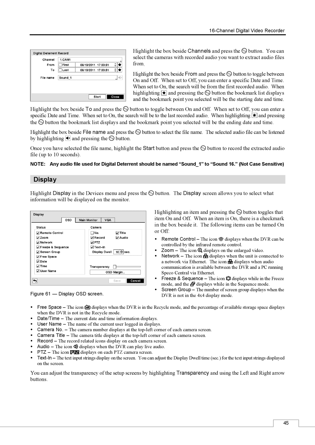 Speco Technologies CS16 manual Display OSD screen 