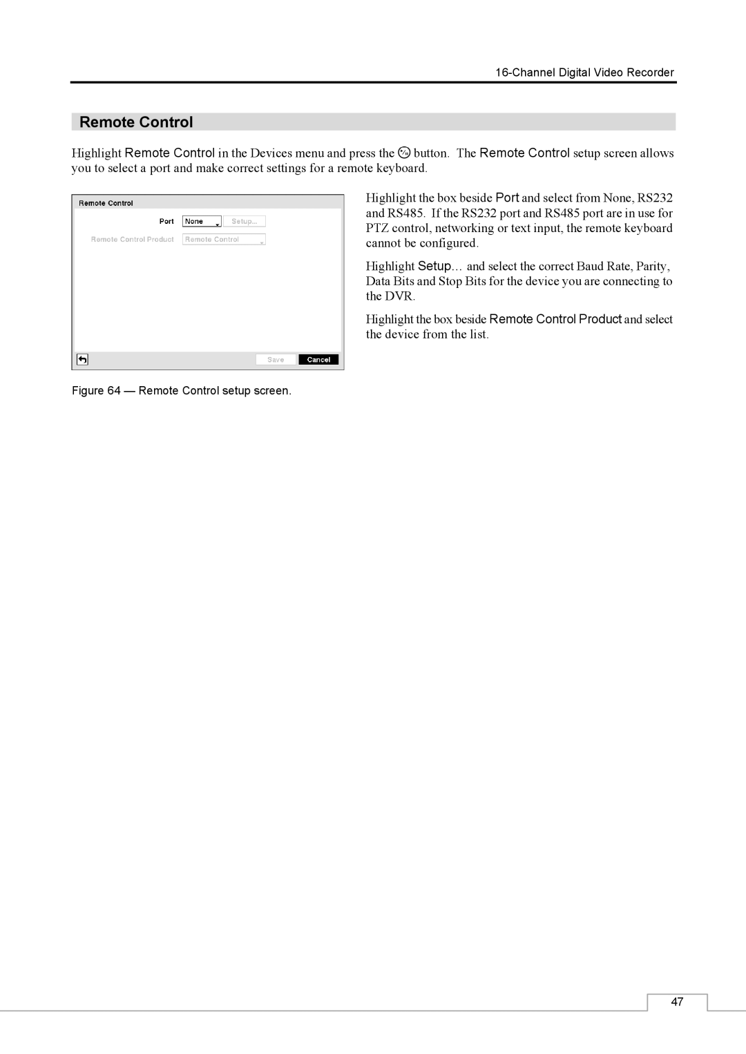 Speco Technologies CS16 manual Remote Control setup screen 