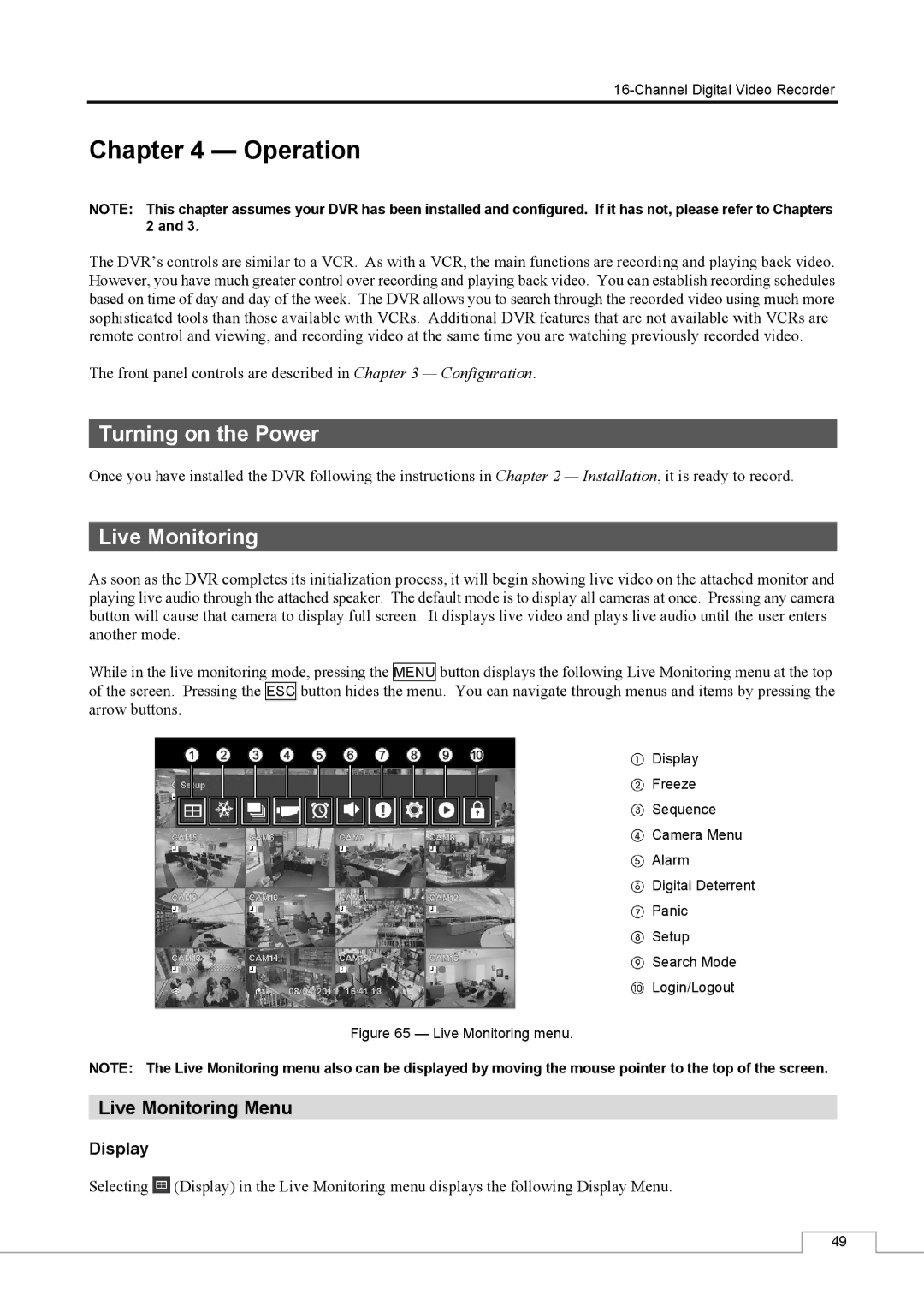 Speco Technologies CS16 manual Live Monitoring Menu 