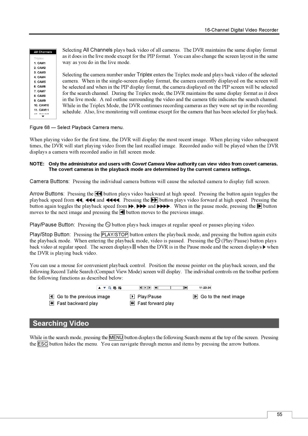 Speco Technologies CS16 manual Searching Video, Select Playback Camera menu 