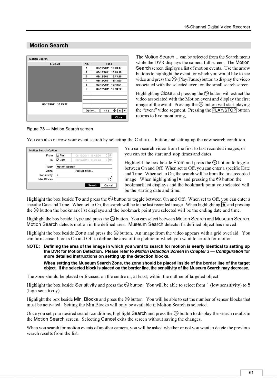 Speco Technologies CS16 manual Motion Search screen 