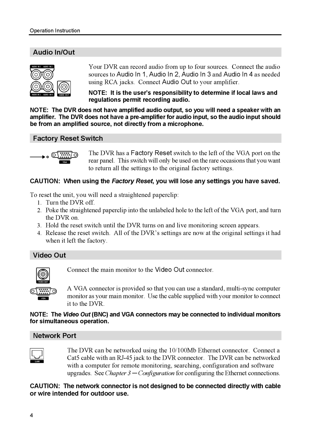 Speco Technologies CS8, CS4 manual Audio In/Out, Factory Reset Switch, Video Out, Network Port 