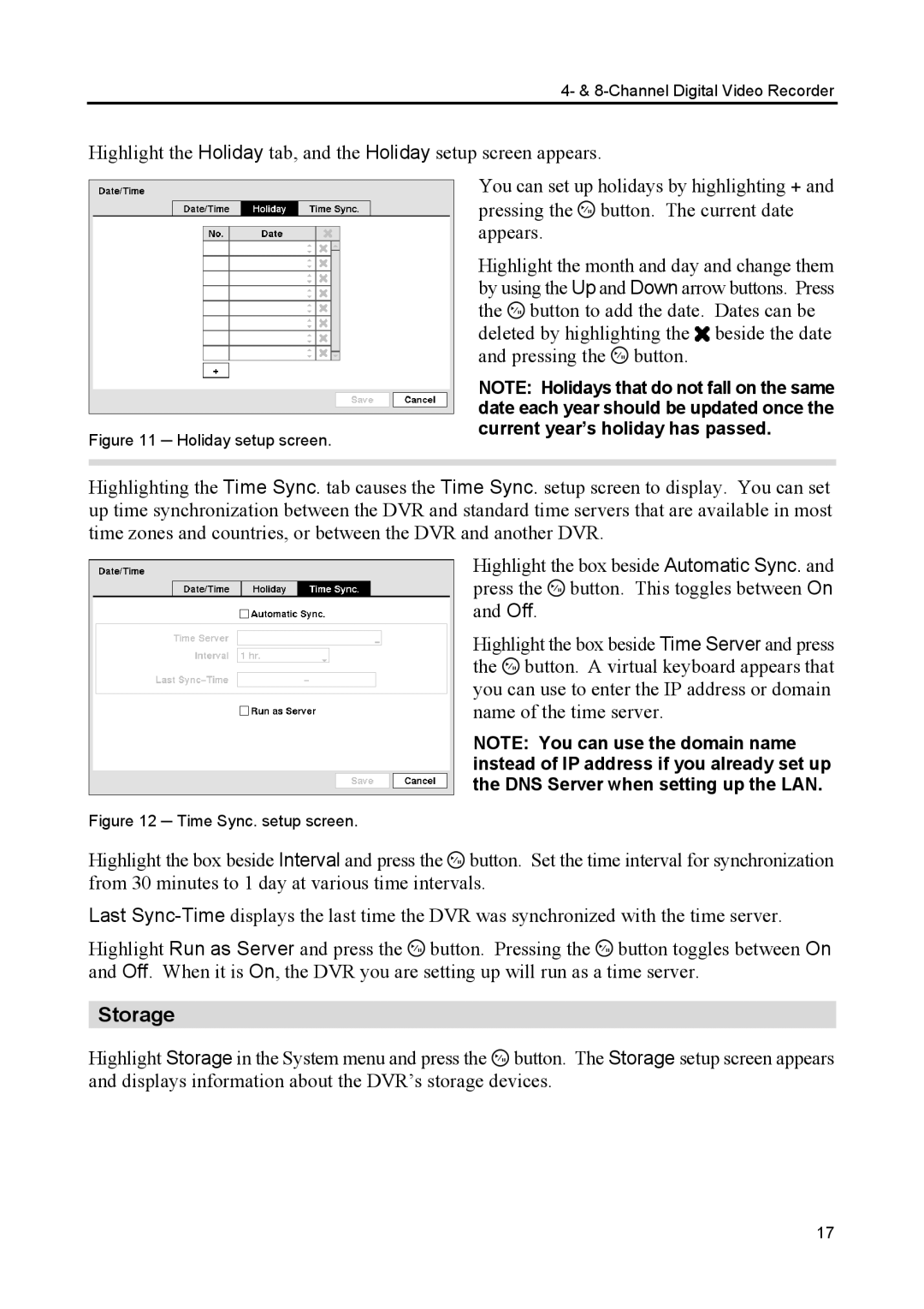 Speco Technologies CS4, CS8 manual Storage, Holiday setup screen 