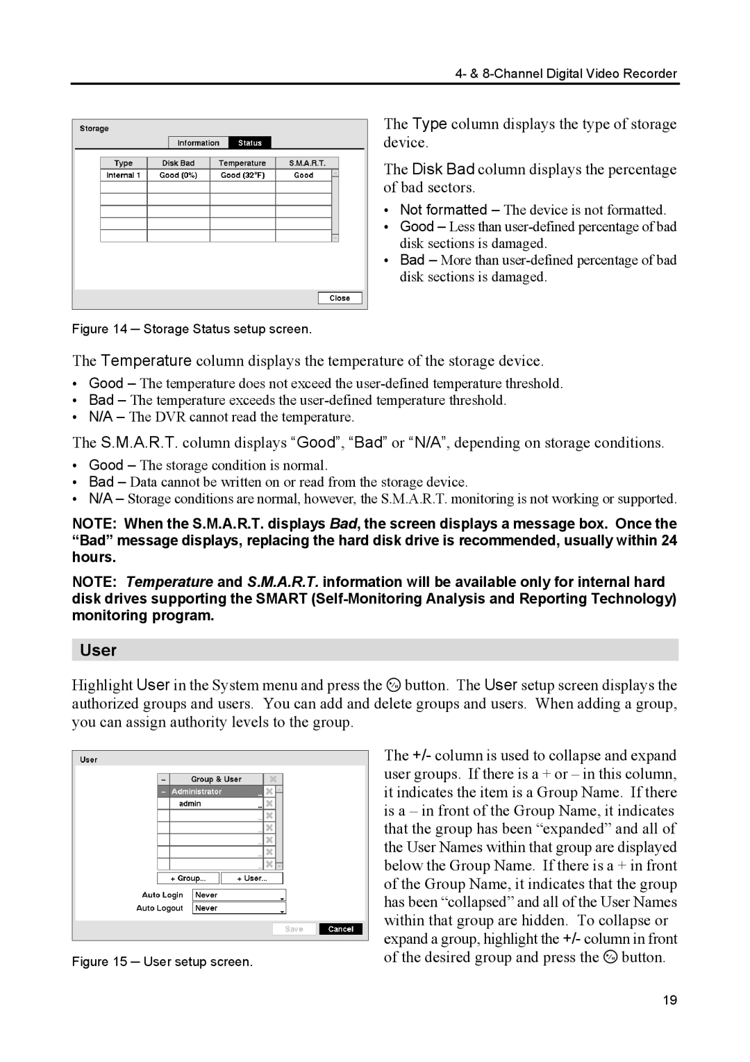 Speco Technologies CS4, CS8 manual User, Storage Status setup screen 