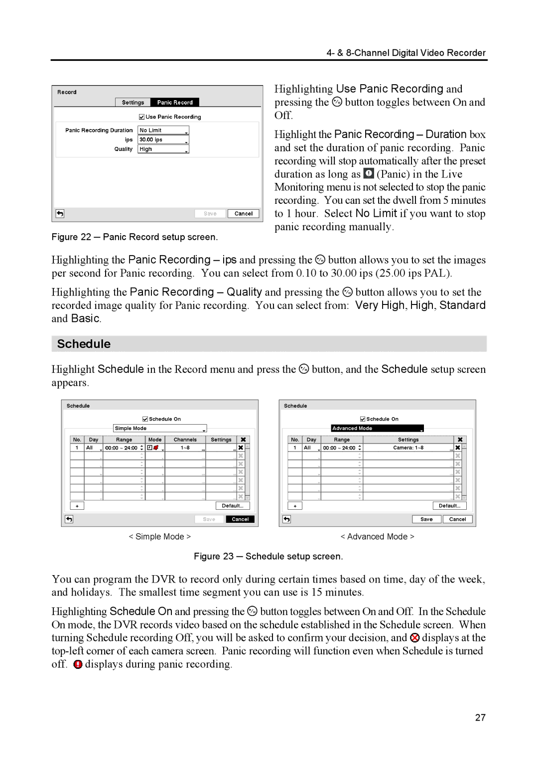 Speco Technologies CS4, CS8 manual Schedule, Panic Record setup screen 