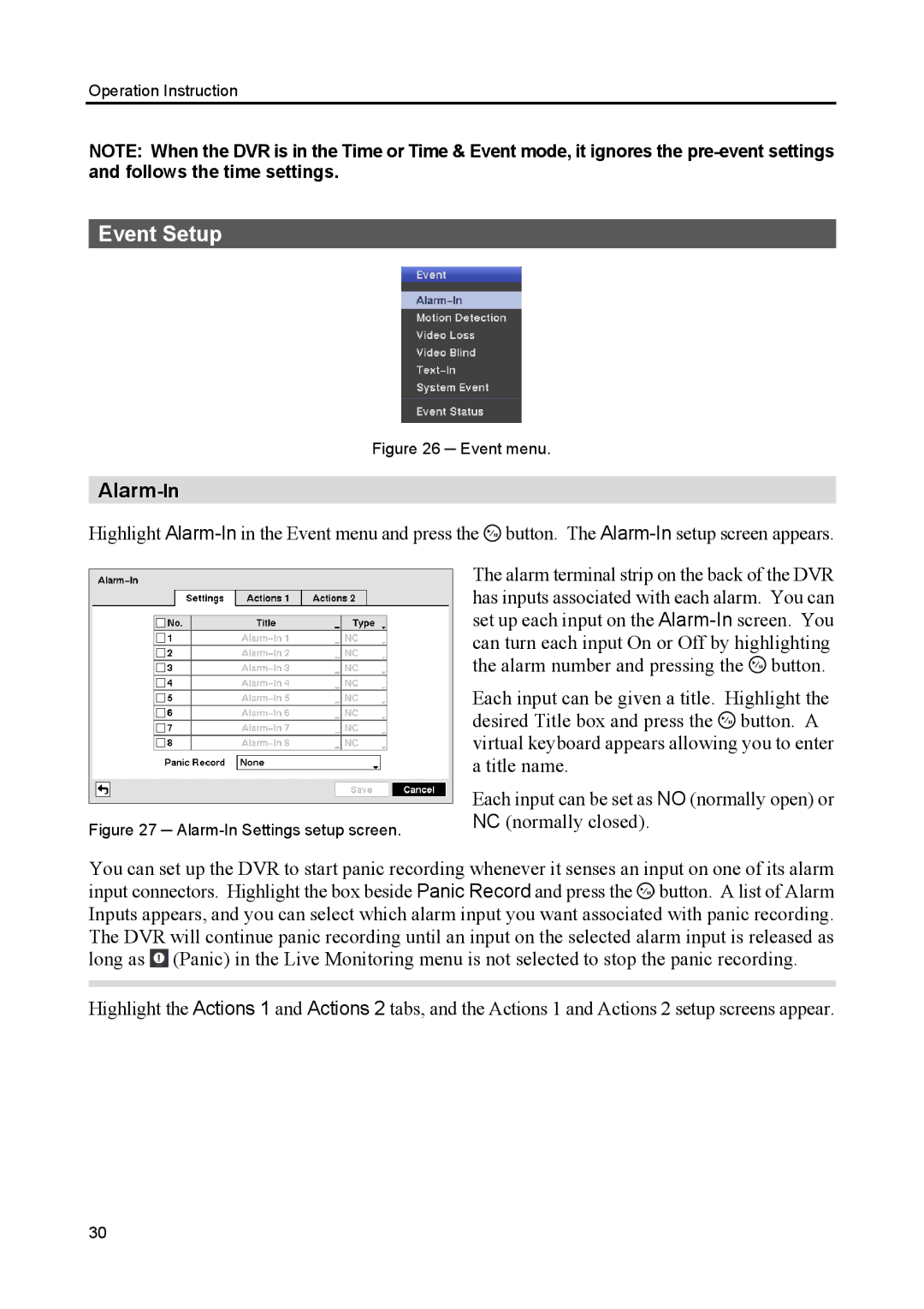 Speco Technologies CS8, CS4 manual Event Setup, Alarm-In 