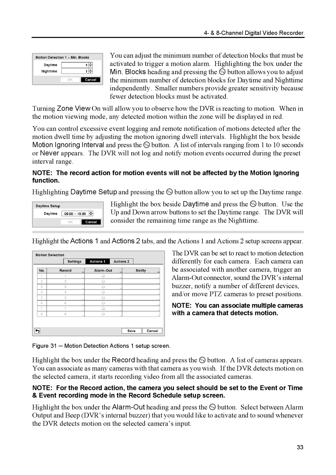 Speco Technologies CS4, CS8 manual Motion Detection Actions 1 setup screen 