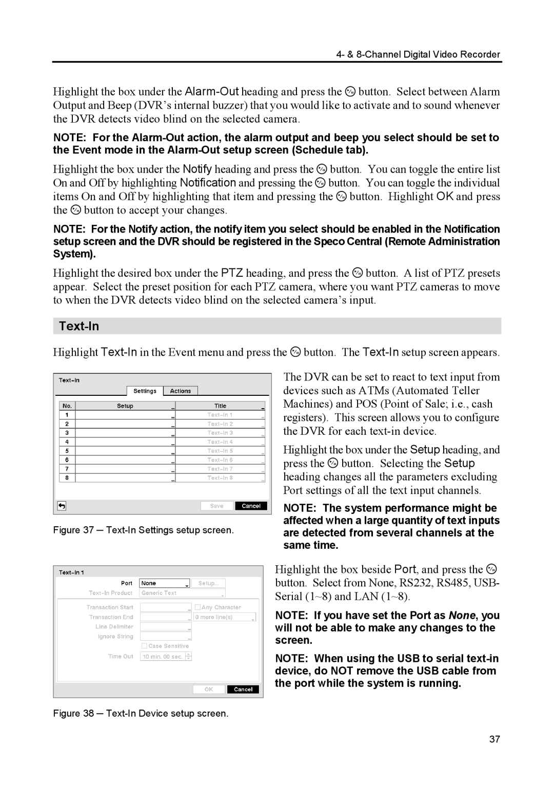 Speco Technologies CS4, CS8 manual Text-In Device setup screen 