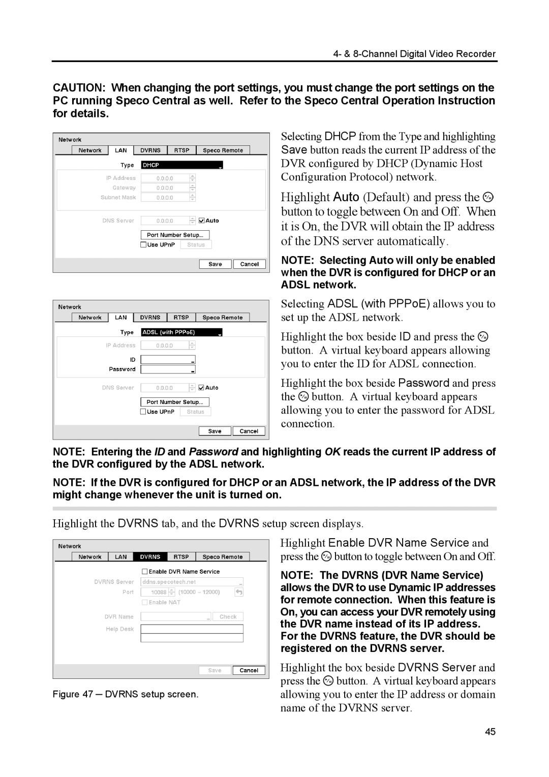 Speco Technologies CS4, CS8 manual Dvrns setup screen 