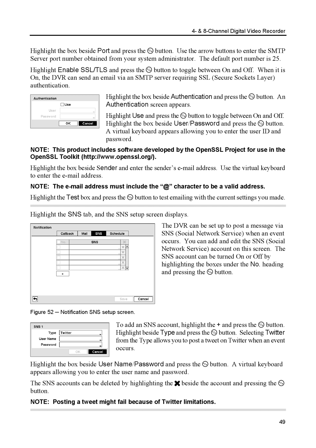 Speco Technologies CS4, CS8 manual Notification SNS setup screen 