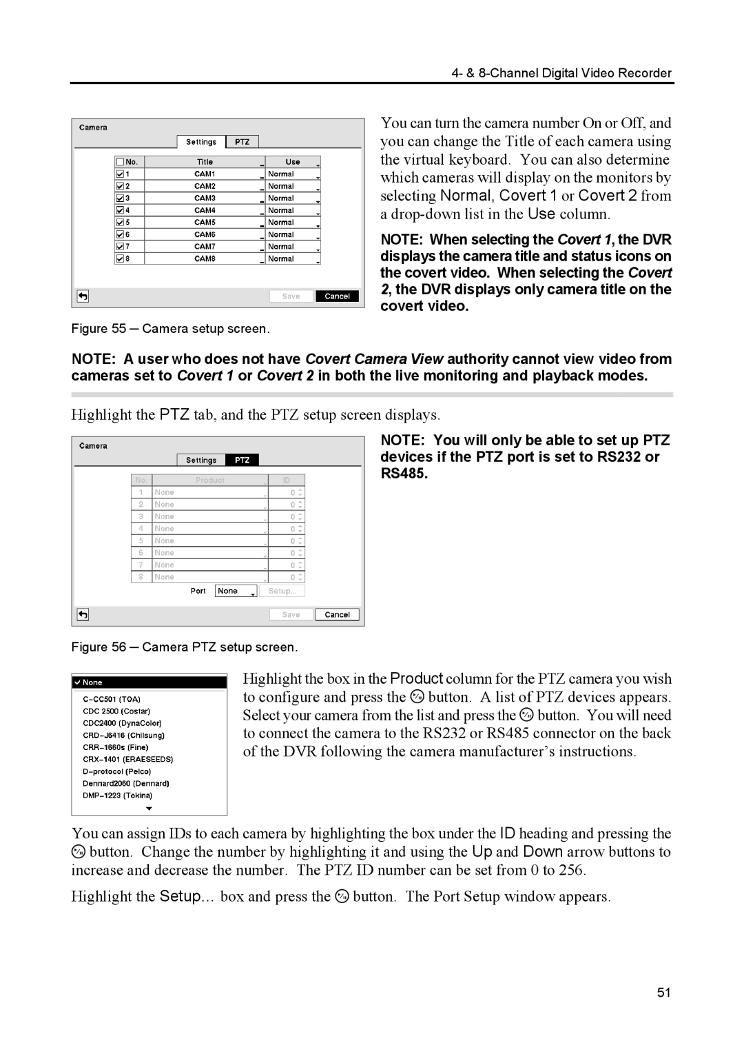 Speco Technologies CS4, CS8 manual Highlight the PTZ tab, and the PTZ setup screen displays 