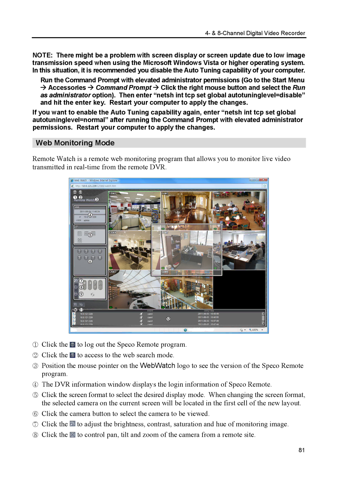 Speco Technologies CS4, CS8 manual Web Monitoring Mode 