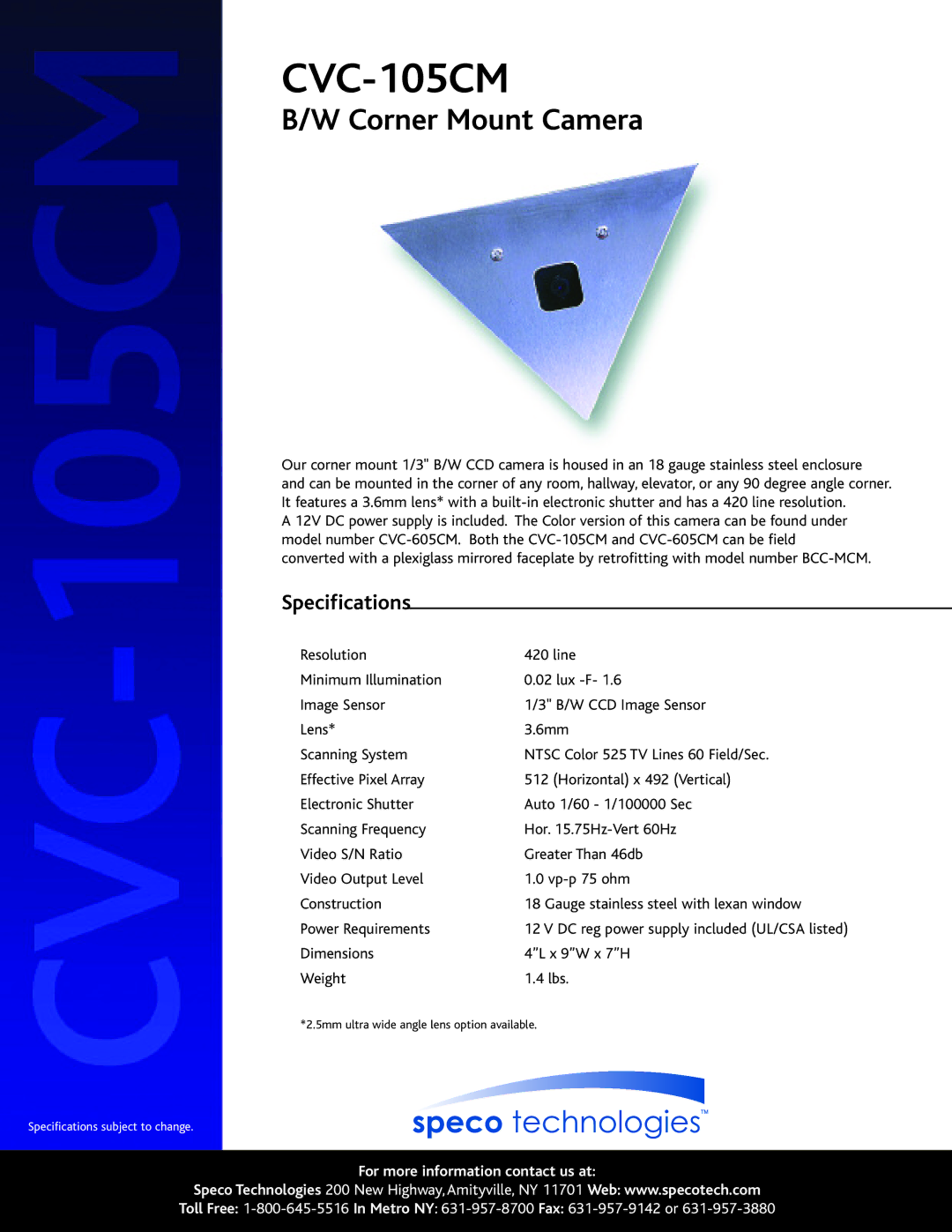 Speco Technologies CVC-105CM specifications Corner Mount Camera, Specifications 