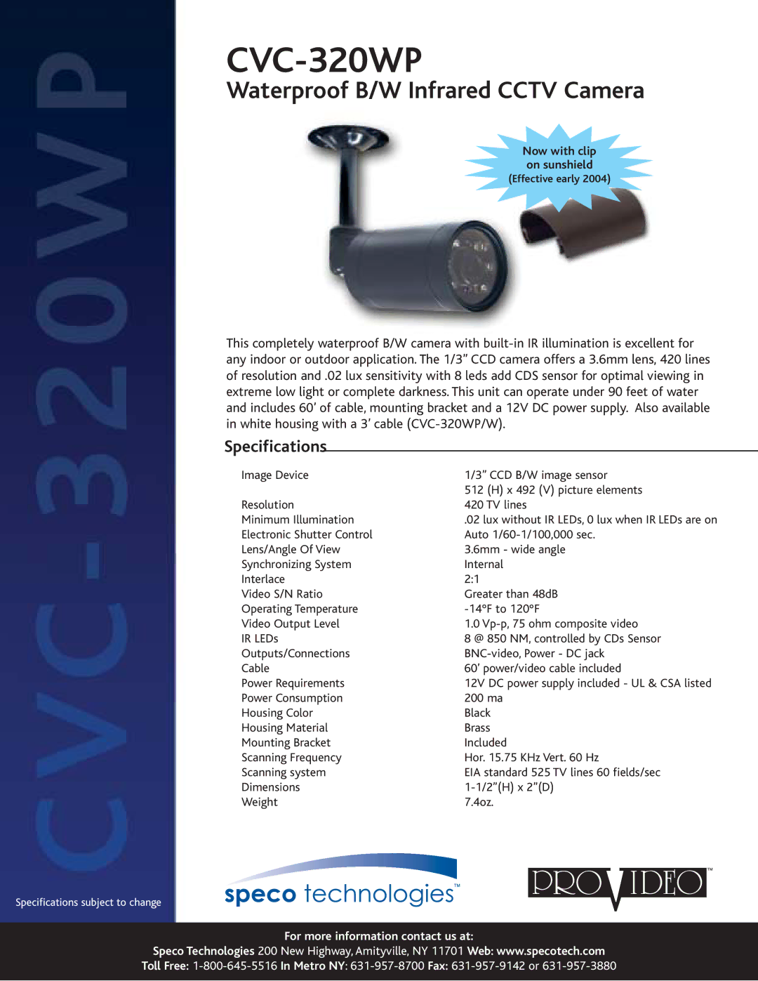 Speco Technologies CVC-320WP specifications Waterproof B/W Infrared Cctv Camera, Specifications 