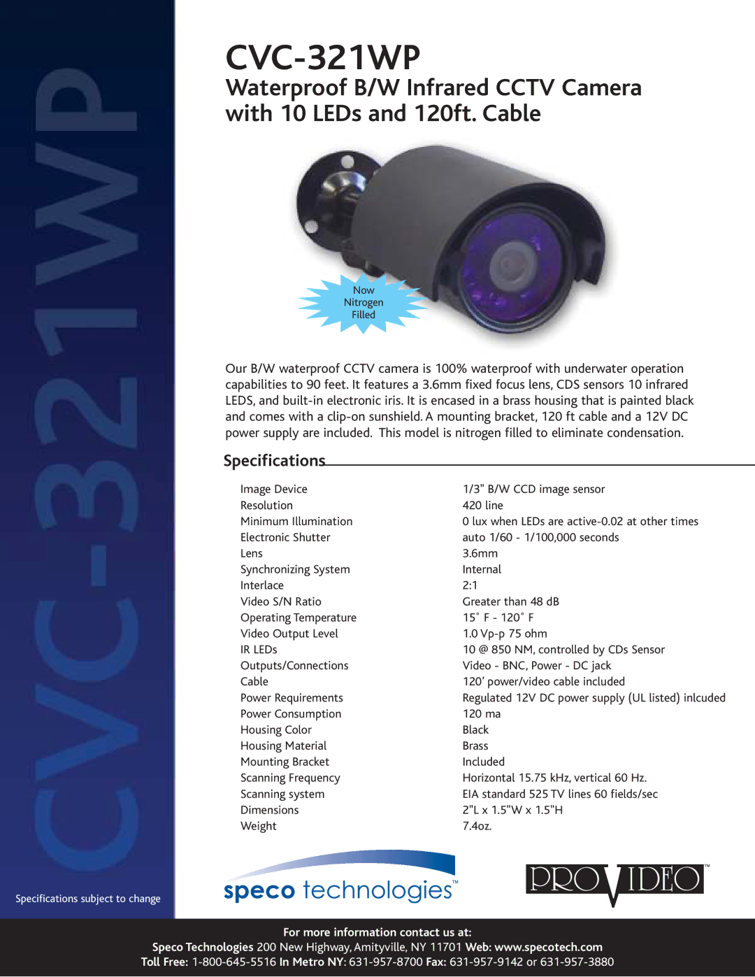 Speco Technologies specifications CVC-321WP, Specifications 