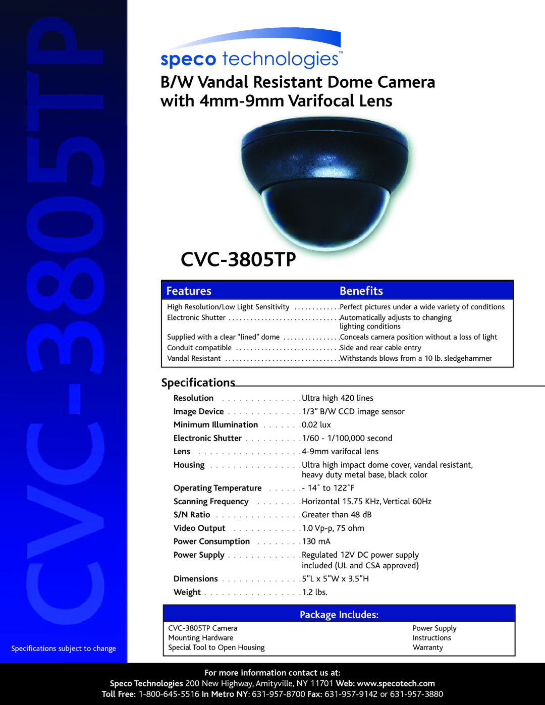 Speco Technologies specifications CVC-3805TP, Features Benefits, Specifications, Package Includes, Power Consumption 