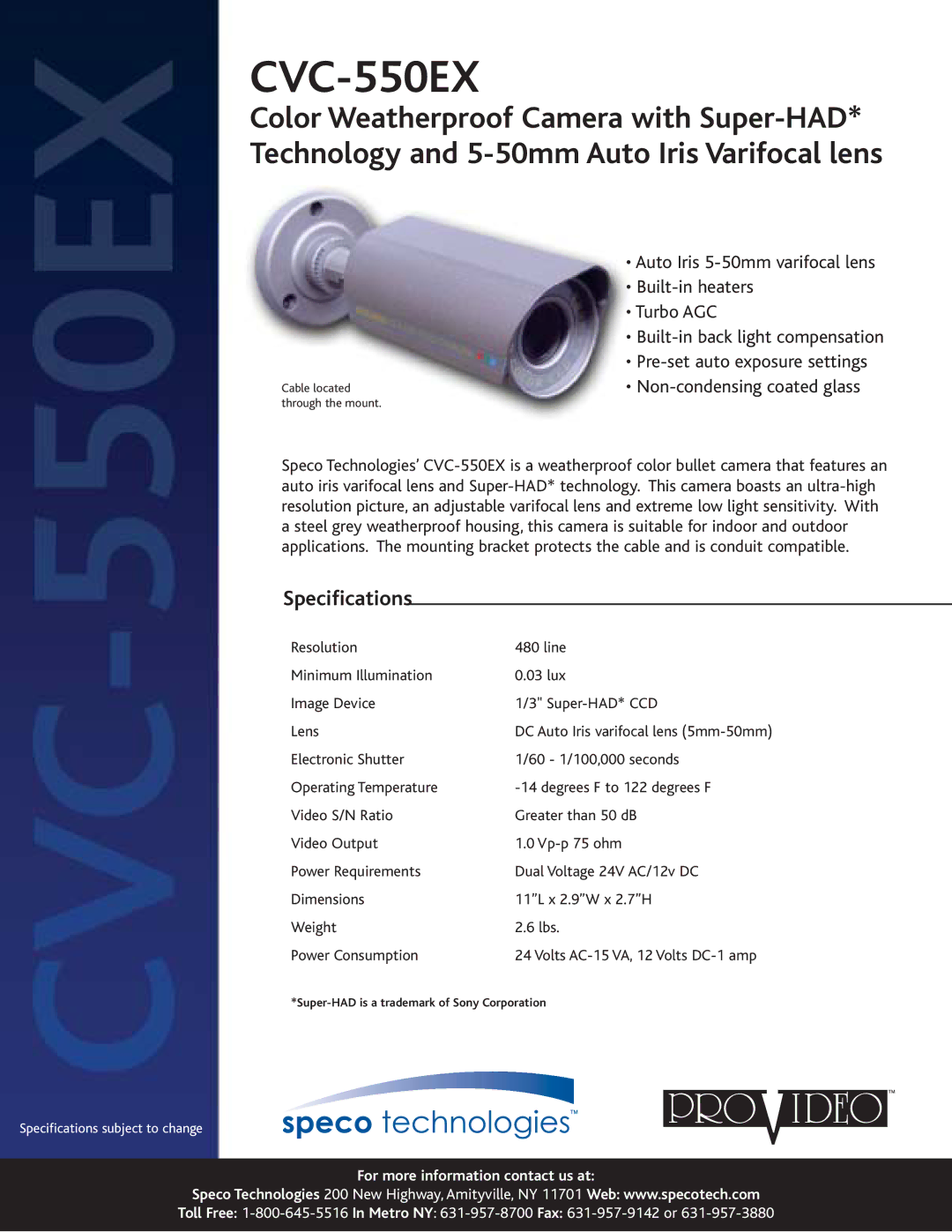 Speco Technologies CVC-550EX specifications Specifications 