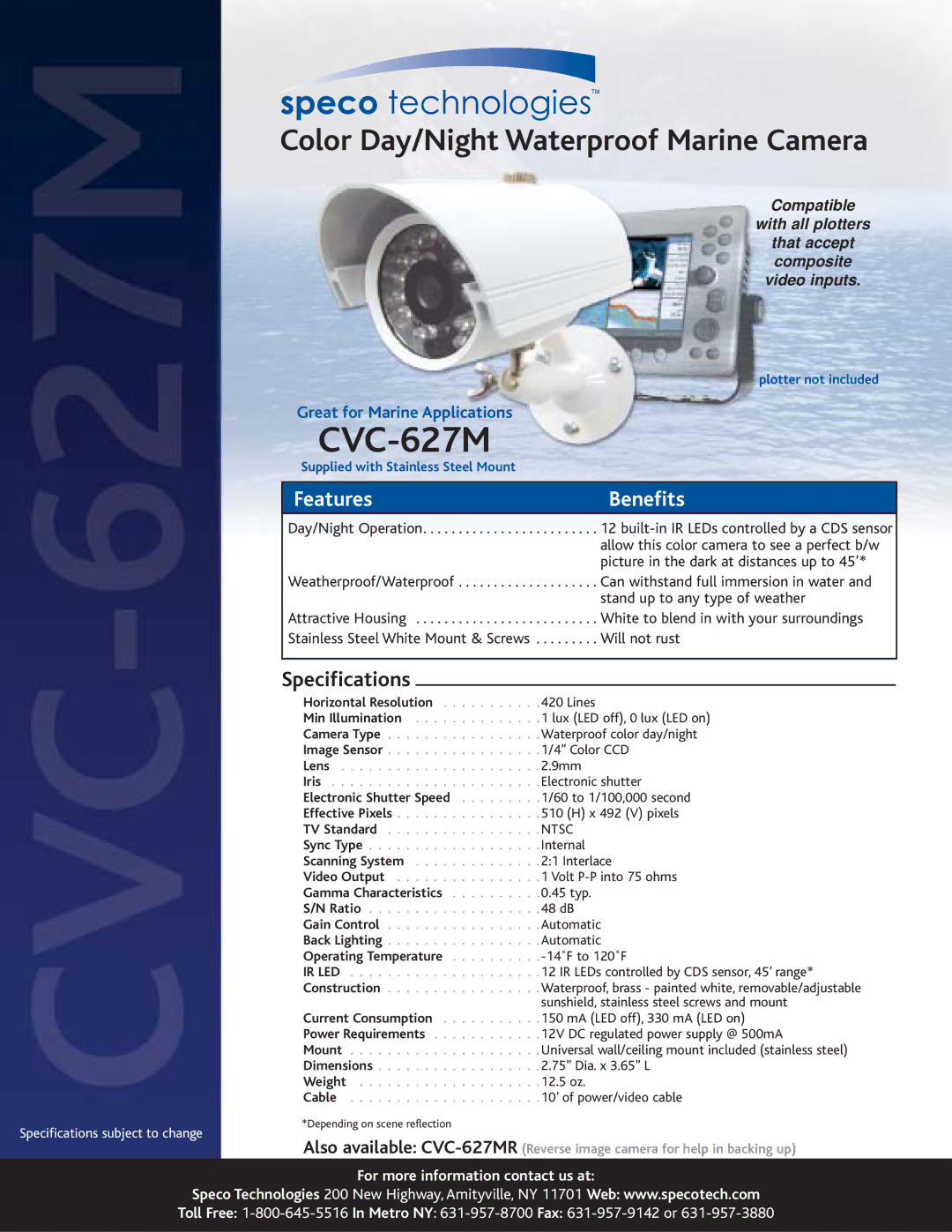 Speco Technologies CVC-627M specifications Color Day/Night Waterproof Marine Camera, FeaturesBenefits, Specifications 