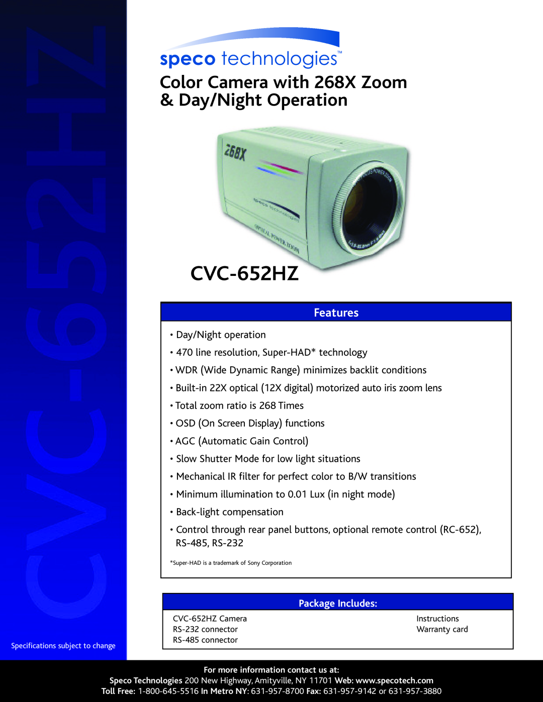Speco Technologies CVC-652HZ specifications Color Camera with 268X Zoom & Day/Night Operation, Features, Package Includes 