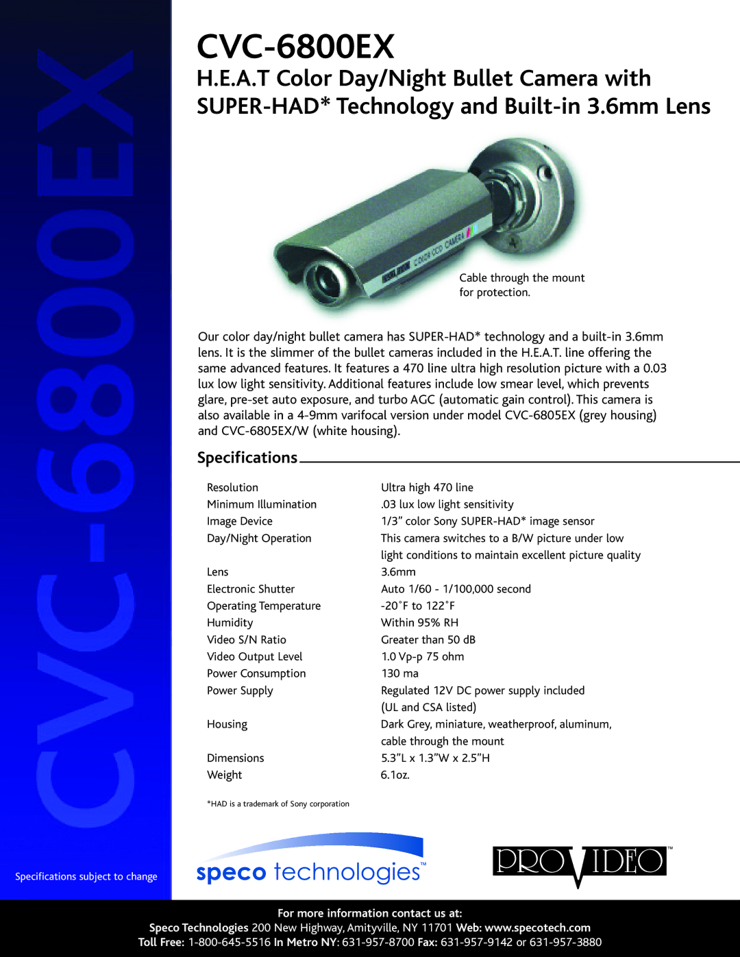 Speco Technologies CVC-6800EX specifications Specifications 