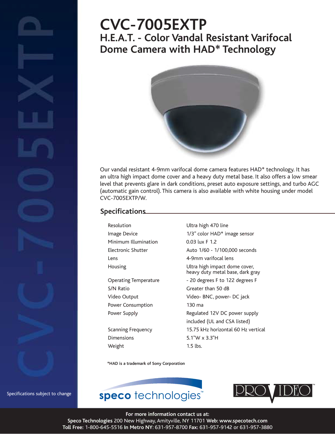 Speco Technologies CVC-7005EXTP specifications Specifications 