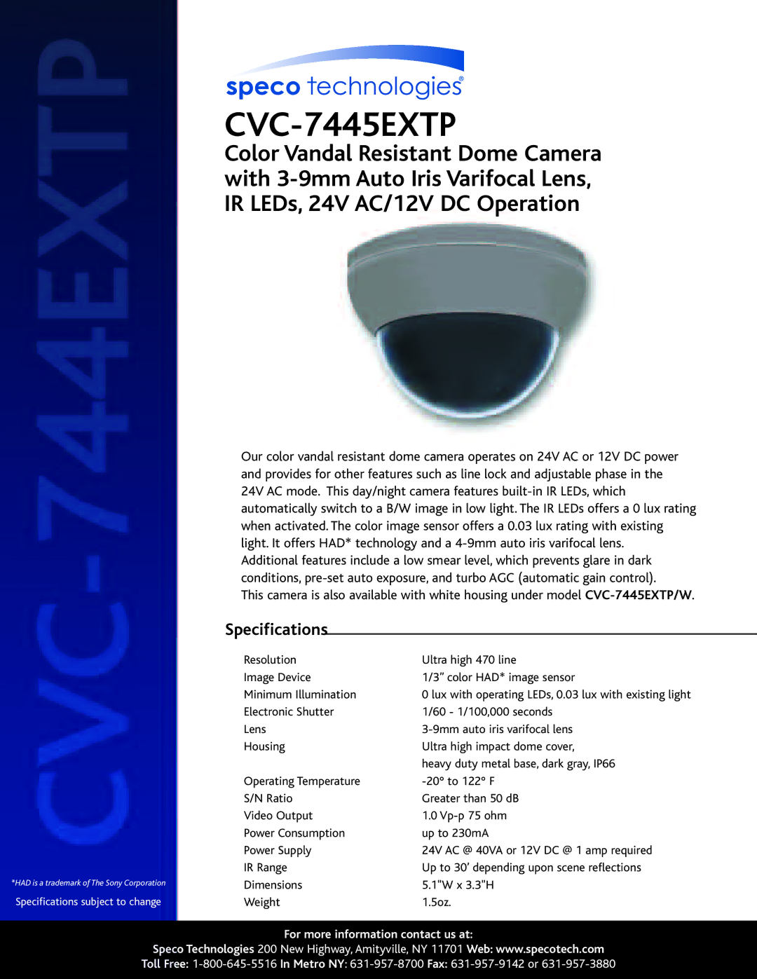 Speco Technologies CVC-7445EXTP specifications Specifications 