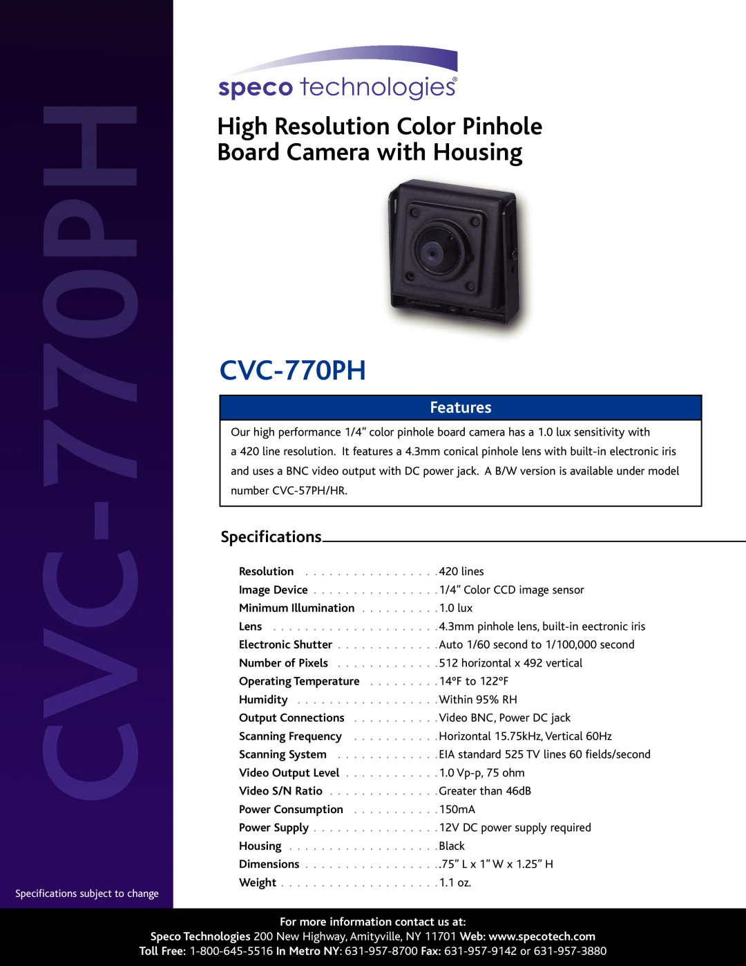 Speco Technologies CVC-770PH specifications High Resolution Color Pinhole Board Camera with Housing, Features 
