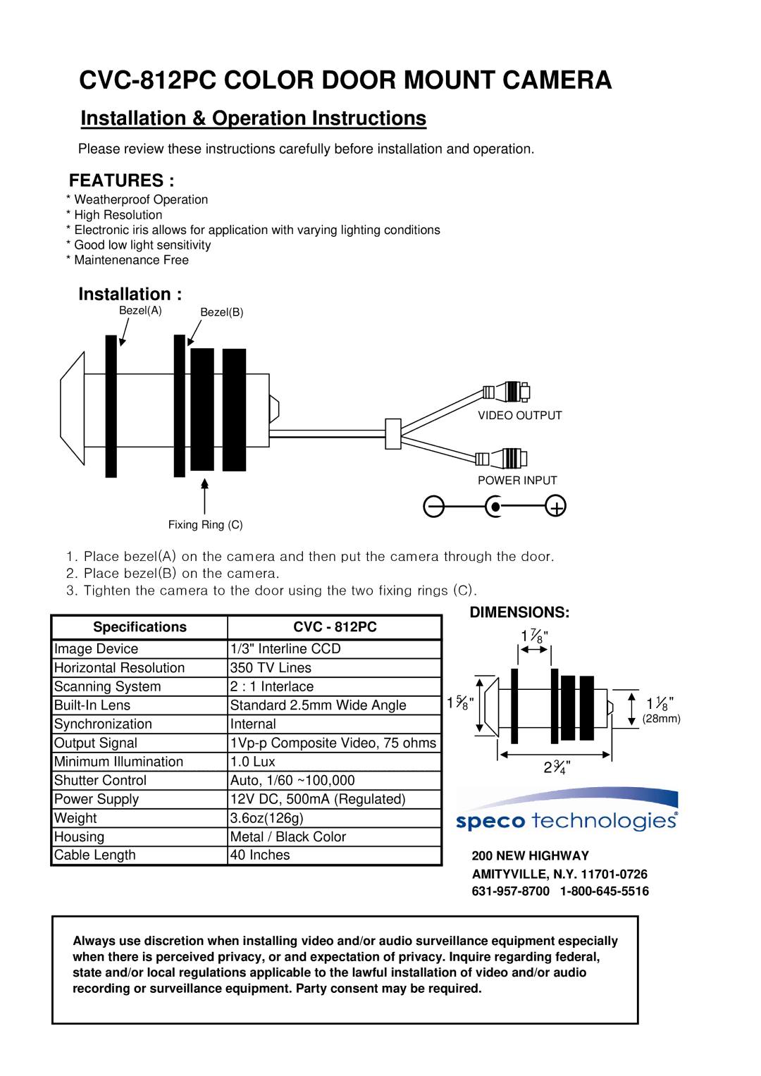 Speco Technologies dimensions CVC-812PC Color Door Mount Camera, Installation & Operation Instructions, Features 