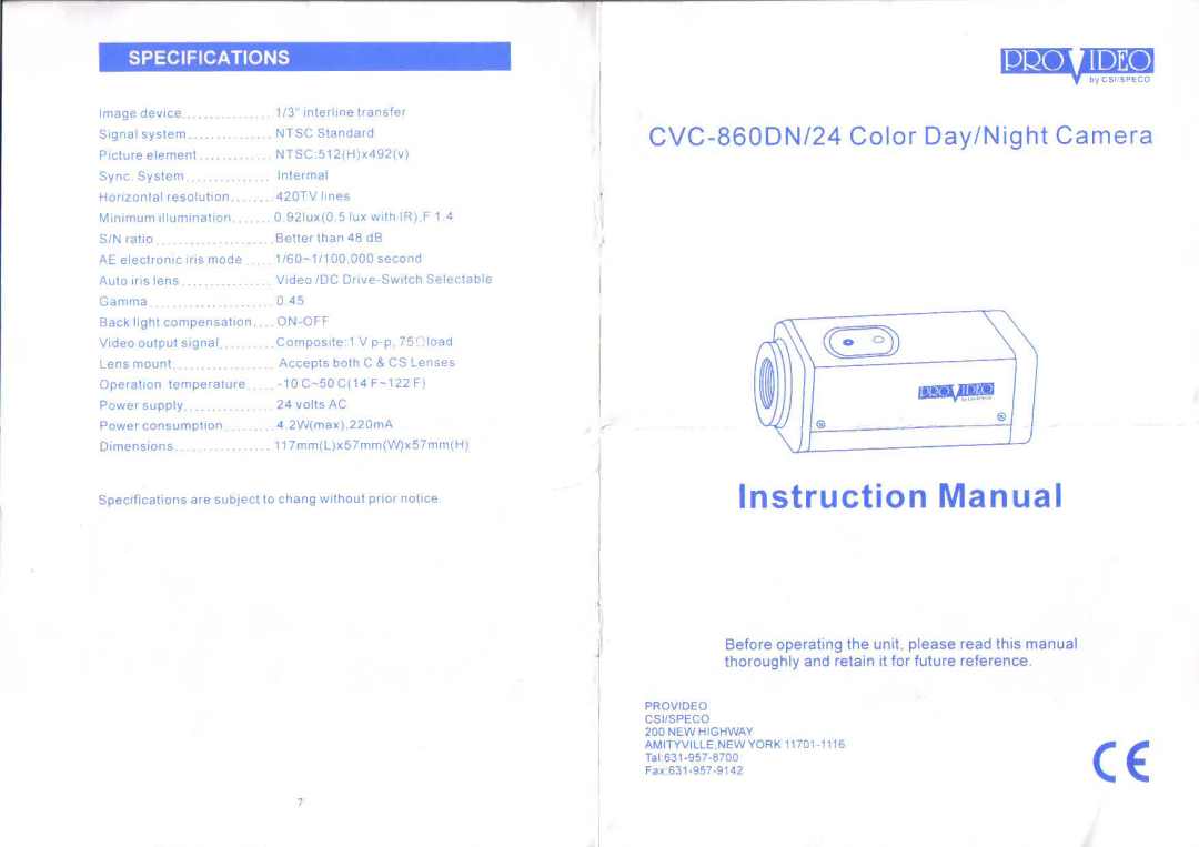 Speco Technologies CVC-860DN/24 manual 