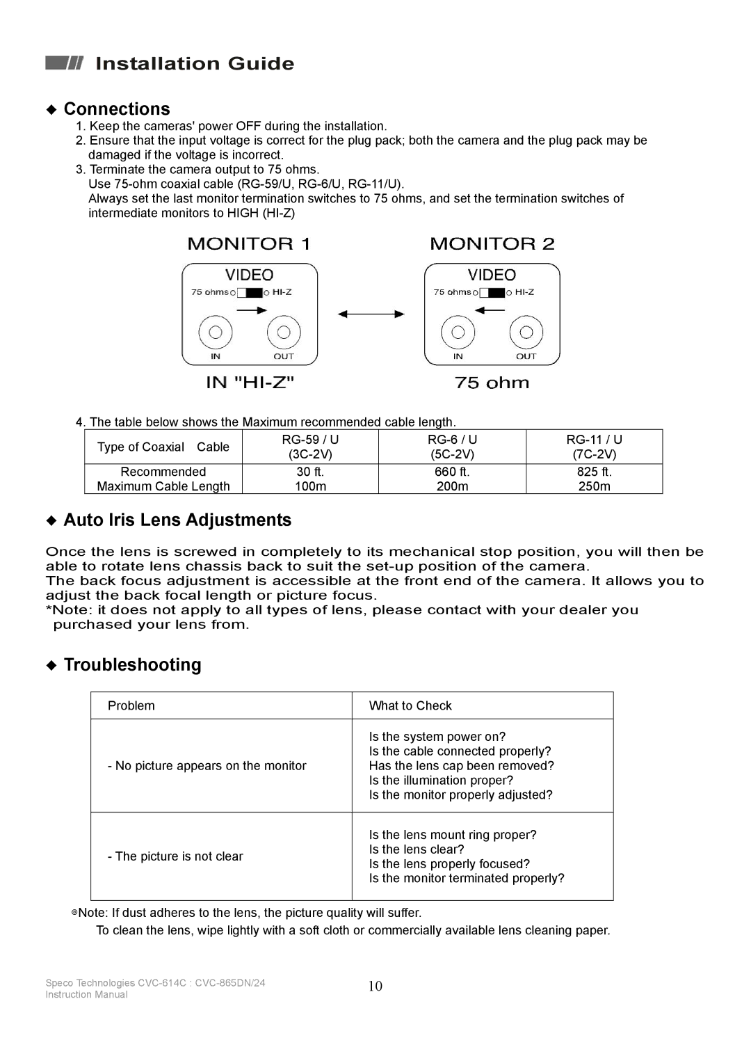 Speco Technologies CVC-865DN/24, CVC-614C instruction manual Connections, Auto Iris Lens Adjustments, Troubleshooting 