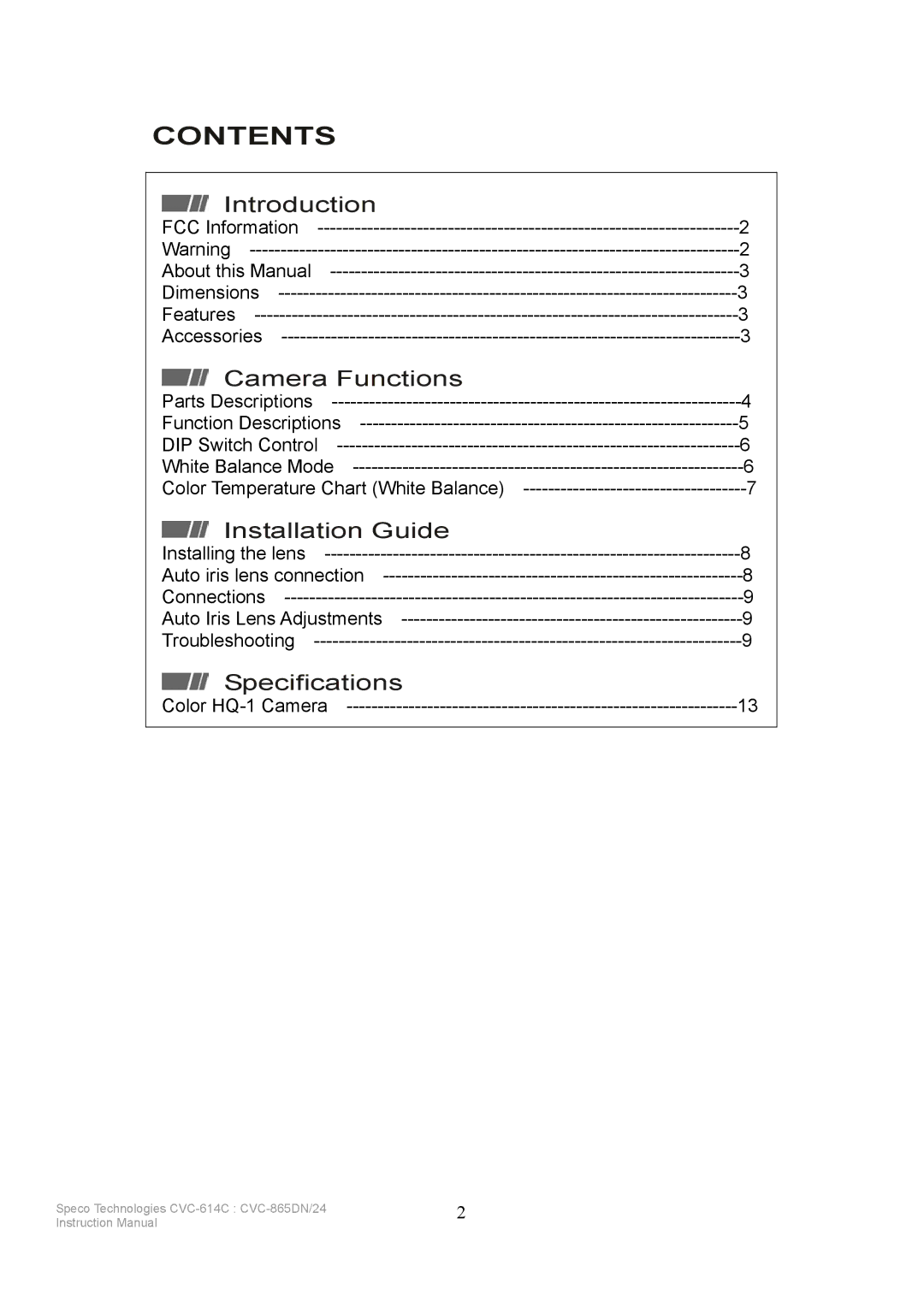 Speco Technologies CVC-865DN/24, CVC-614C instruction manual Contents 