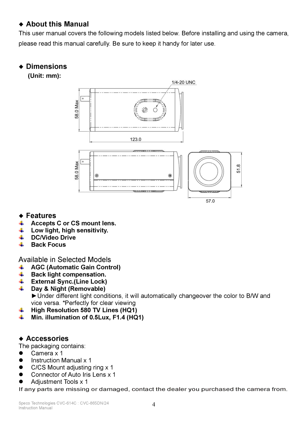 Speco Technologies CVC-865DN/24, CVC-614C instruction manual About this Manual, Dimensions, Features, Accessories, Unit mm 