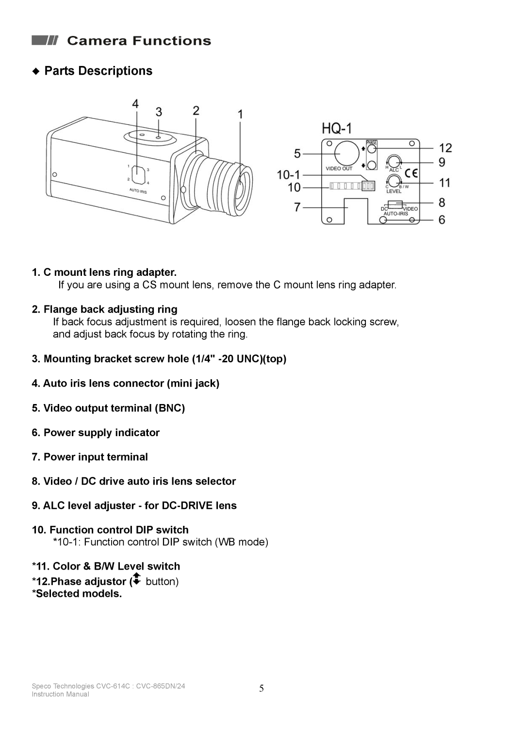 Speco Technologies CVC-614C Camera Functions, Parts Descriptions, Mount lens ring adapter, Flange back adjusting ring 