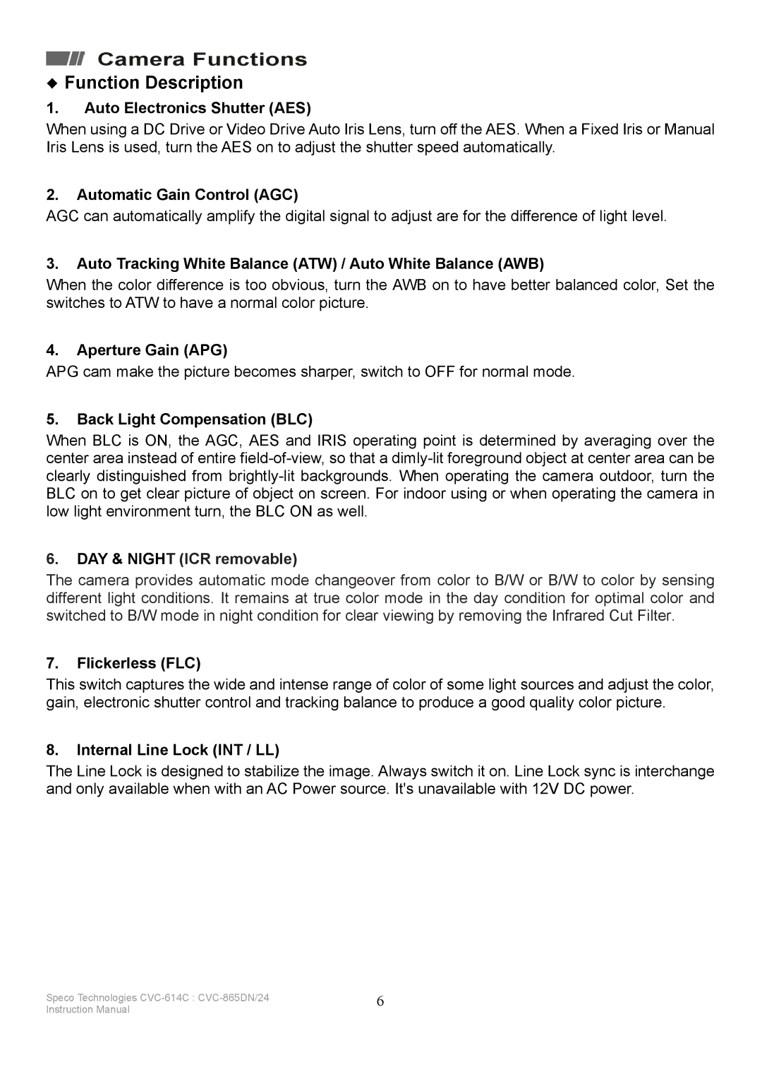 Speco Technologies CVC-865DN/24, CVC-614C instruction manual Function Description 