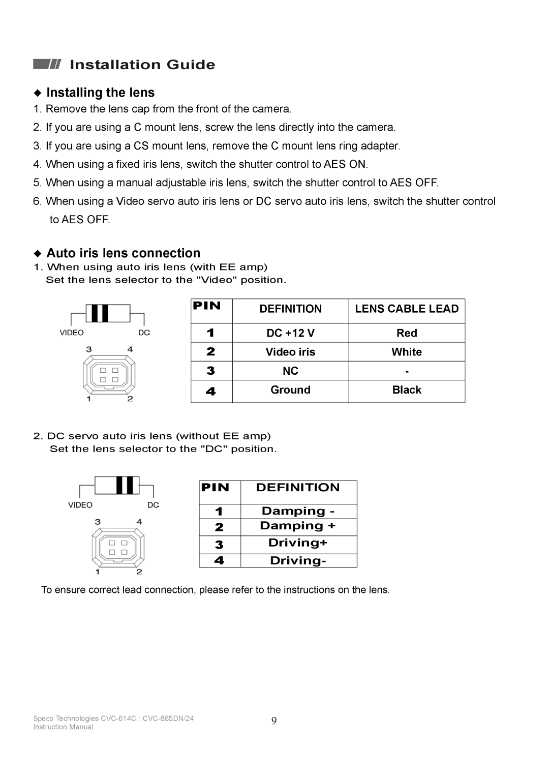 Speco Technologies CVC-614C, CVC-865DN/24 Installation Guide, Installing the lens, Auto iris lens connection 