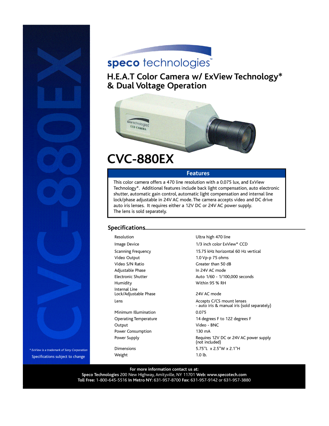 Speco Technologies CVC-880EX specifications Features, Specifications 